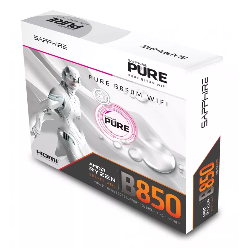 Mātesplate Sapphire PURE B850M WIFI Micro ATX — AMD B850, Socket AM5, DDR5 līdz 8000 MHz, 4 DIMM, Wi‑Fi 6, 2,5 Gb LAN, 2× M.2, PCIe 5.0 x16