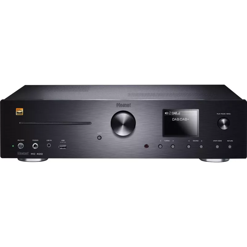 Stereo uztvērējs Magnat MC 400 — 2.0 kanāli, 40 W katrā kanālā, CD atskaņotājs, Wi‑Fi, Bluetooth, DAB/FM, Ethernet (melns)
