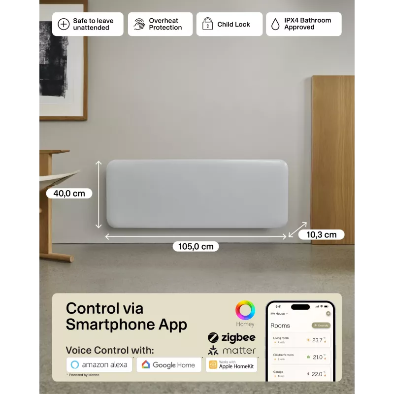 Mill Invisible Smart WiFi sildītājs | PA2000WIFI4 | Panelu sildītājs | 2000 W | Piemērots telpām līdz 24-28 m² | Balts | IPX4