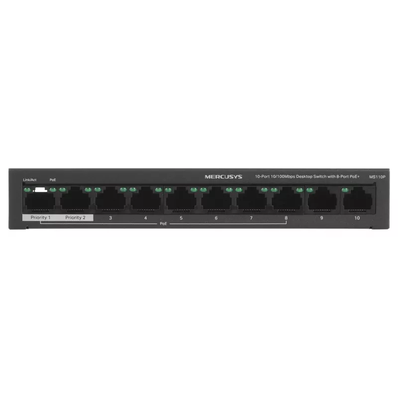 Slēdzis Mercusys MS110P 10 porti 10/100Mbps POE+ 8 porti (Versija 1.0)