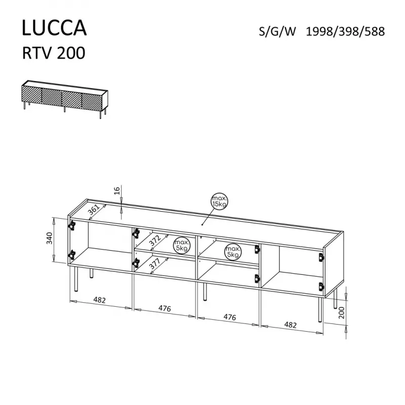 TV skapītis cama meble LUCCA 4D, 2000×400×590 mm, balta, skaidu plātnes virsma