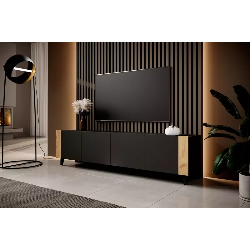 TV skapis FARO 200x42x52 melns matēts + ozols craft