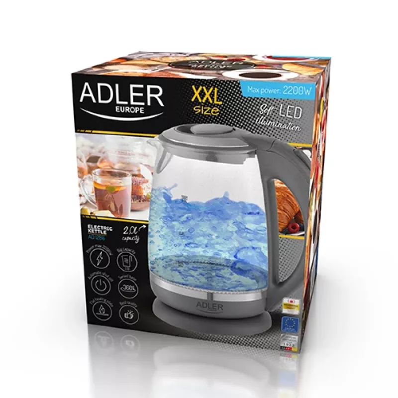 Adler | Tējkanna | AD 1286 | Standarta | 2200 W | 2 L | Plastmasa/Stikls | 360° grozāma pamatne | Pelēka/caurspīdīga
