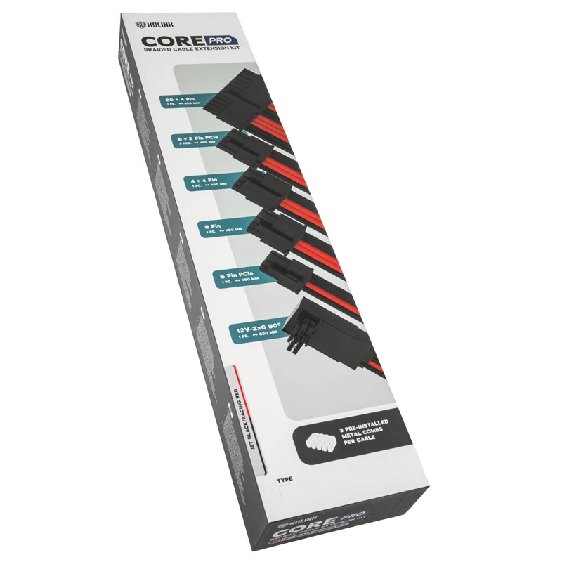 Kabeļu/Adapteru komplekts Kolink Core Pro 12V-2x6 Type 2 pinuma apvalkā, Jet Melns/Racing