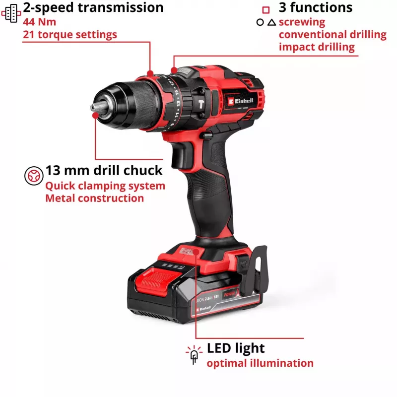 Einhell TE-CD 18/44 Li-i 24000 RPM 1,59 kg Melns, Sarkans