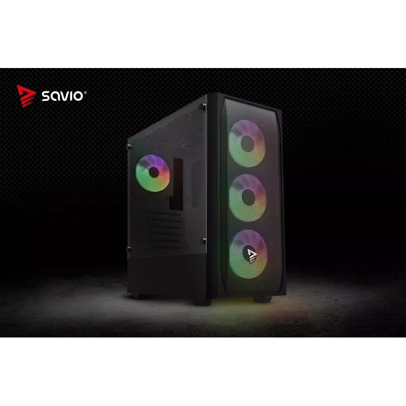 PC korpuss SAVIO Noctis Flow RGB — Cube, ATX/Mini-ITX, 3x 120 mm priekšējie ventilatori, rūdīta stikla sānu panelis, max GPU 35 cm