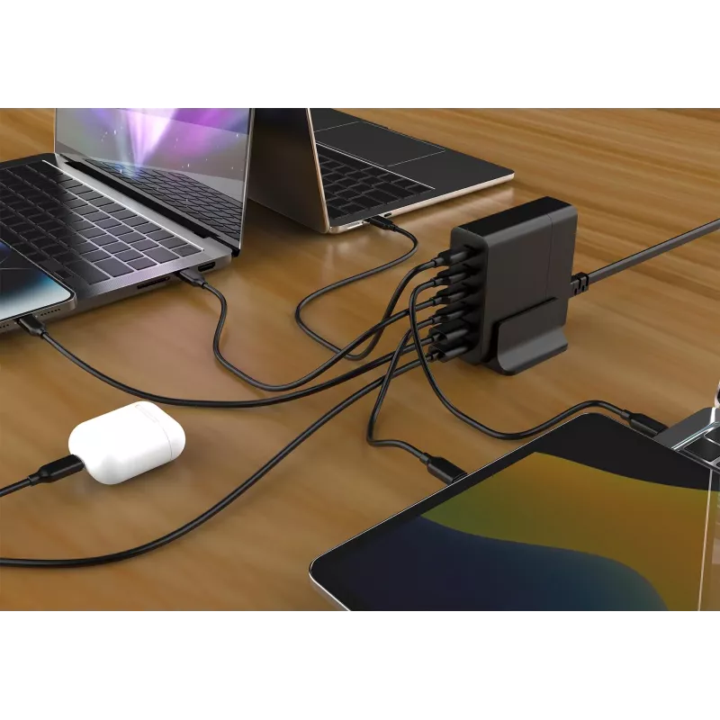 GEMBIRD mobilās ierīces lādētājs TA-UC-2A4C-PD75-01-BK — 75 W, 4× USB-C + 2× USB-A, PD un QC3.0, vienlaicīga 6 ierīču uzlāde, 1,5 m kabelis, melns