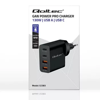 Qoltec GaN POWER PRO Lādētājs | 2xUSB-C | 2xUSB | 130W | 5-20V | 1.5-5A | XP | Melns