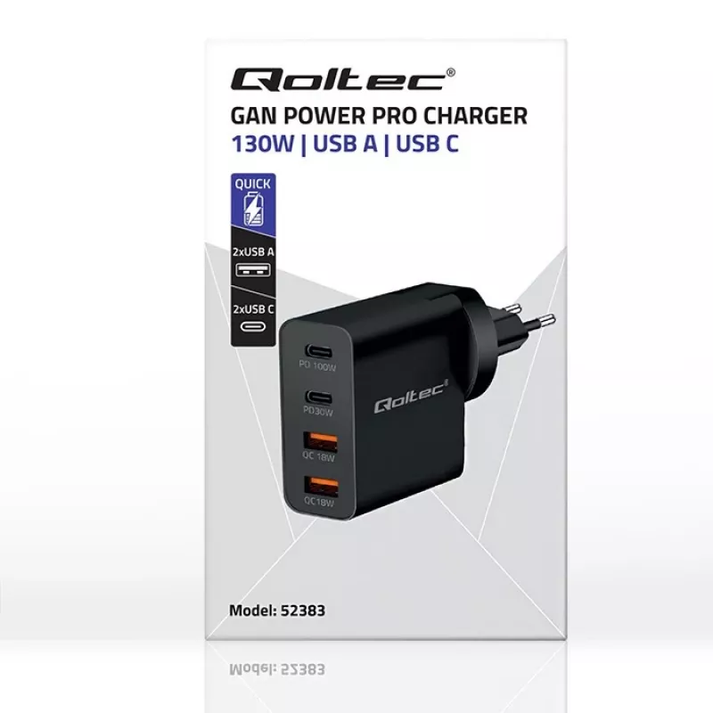 Qoltec GaN POWER PRO Lādētājs | 2xUSB-C | 2xUSB | 130W | 5-20V | 1.5-5A | XP | Melns