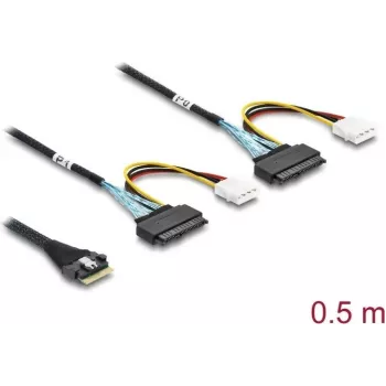 DELOCK PCIe 4.0 plānas SAS kabelis SFF-8654 8i uz 2× U.2 SFF-8639 ligzdām ar strāvas savienotāju 0,5 m
