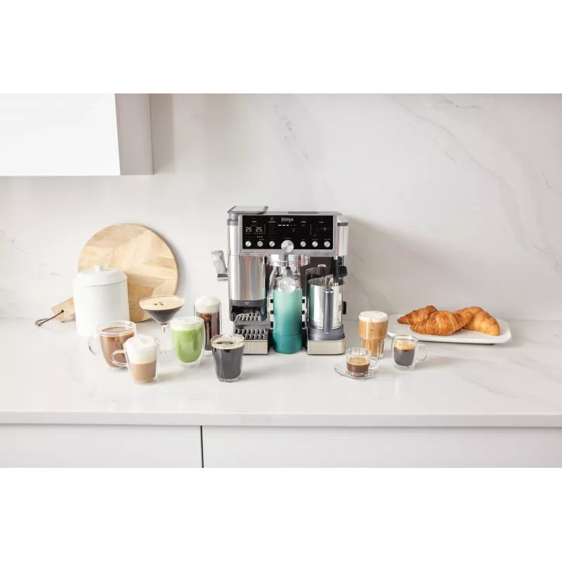 Espresso automāts Ninja ES701EU — pusautomātiskā kafija/espresso, iebūvēta dzirnaviņa, 2 L ūdens tvertne, 1650 W, 25 dzirnaviņu iestatījumi, piena tvertne, 14 bāru sūknis