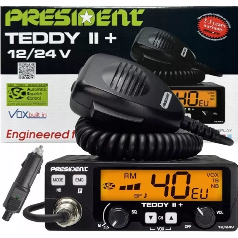 CB radio President Teddy II+ — 40 kanāli, 4W TX, 12/24V, trokšņu bloķētājs, 125×125×45 mm