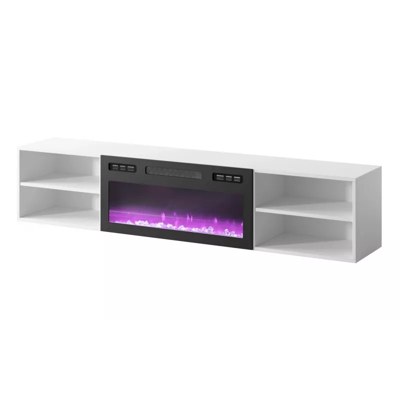 TV skapītis cama meble POLO 180x33x39 cm ar elektrisko kamīnu 1400–1600 W, lamināts, balts/melns