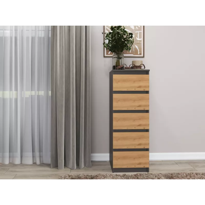 Kumode Top e Shop W5 ANT/ART, 5 atvilktnes, Antracīts/Ozols, skaidu plātne