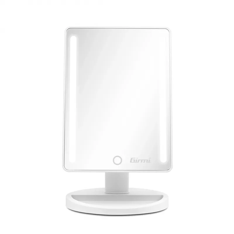 Brīvi stāvošs grima spogulis Girmi BE04 — taisnstūra formas, 1× palielinājums, balta LED gaisma, USB/4×AA, 180° rotācija