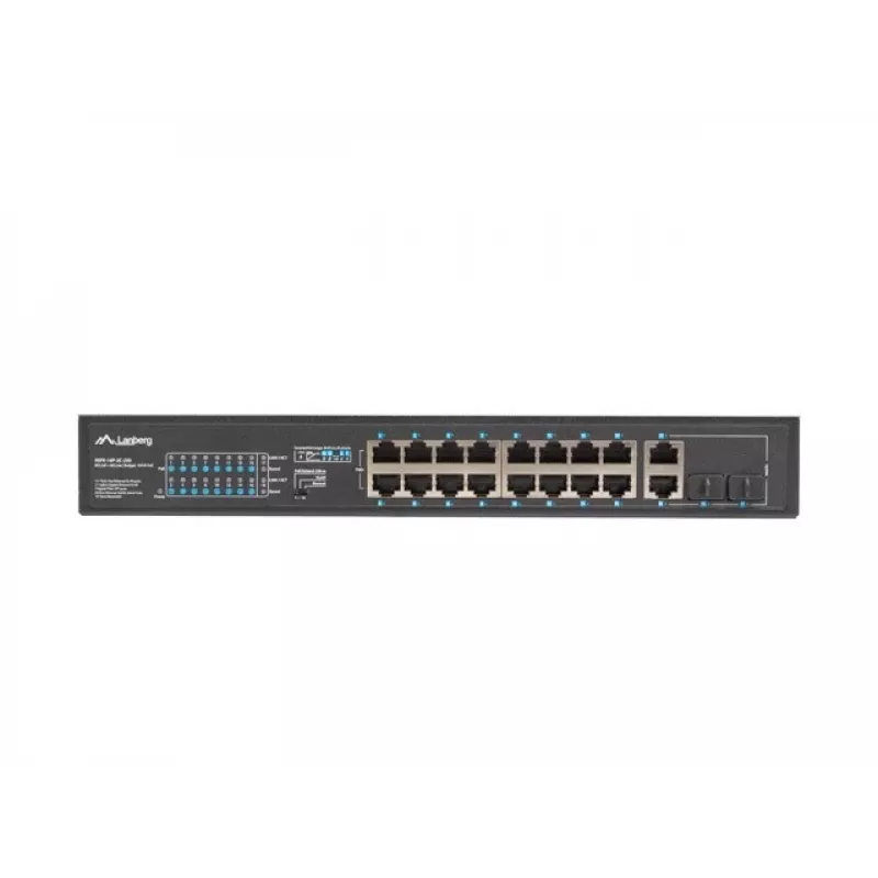 Nepārvaldāms slēdzis LANBERG RSFE-16P-2C-250 — 18 portu Gigabit, 16x PoE+ (30W), 2x SFP, 250W, 1U, metāls, stiprināšana statīvā