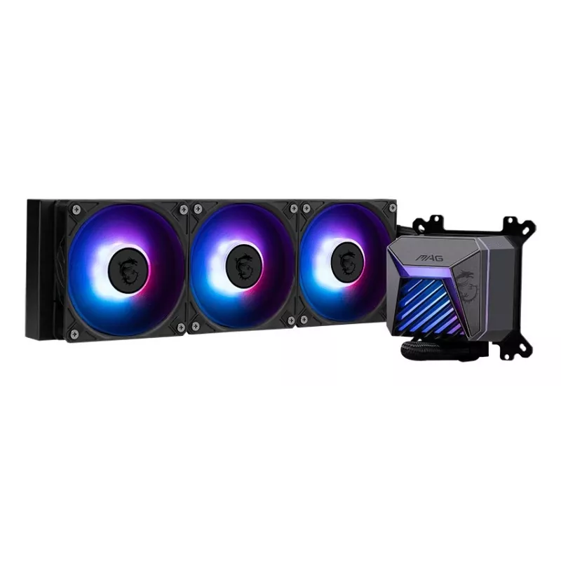 Viss vienā šķidruma dzesētājs MSI MAG Coreliquid A15 360 — 3x 120 mm ventilatori, radiators 394 x 120 x 27 mm, sūknis 5V, RGB, atbalsta LGA 1851