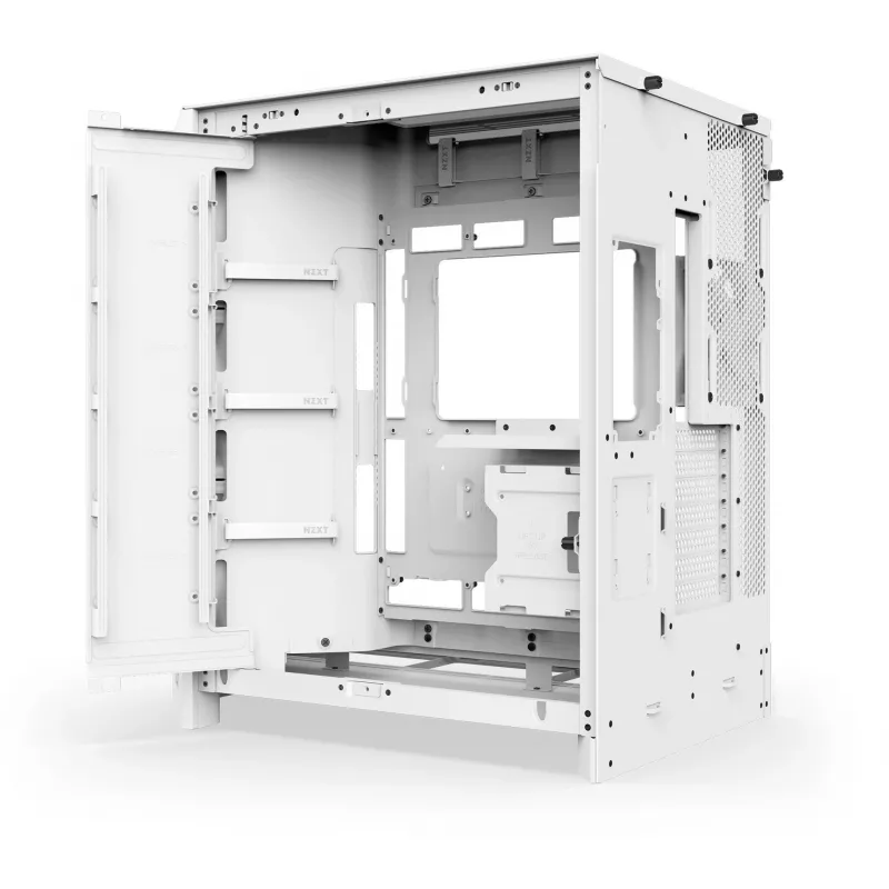 PC korpuss NZXT H9 Flow Midi Tower balts — ATX/EATX/Micro ATX/Mini-ITX, 3x140 mm priekšā, 1x120 mm aizmugurē, 2x3,5 collu un 6x2,5 collu nodalījumi, rūdīts stikls