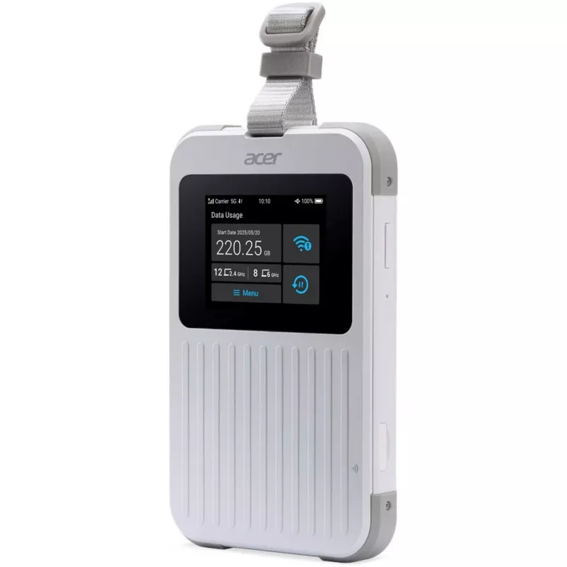 Portatīvais maršrutētājs Acer Connect M6E ar 20 GB, divjoslu (2,4 GHz + 5 GHz vai 2,4 GHz + 6 GHz), Wi‑Fi 6E, 5G, IP68, 2x2 iekšējās antenas, 4 GB operatīvā atmiņa, 2,5 GHz centrālais procesors