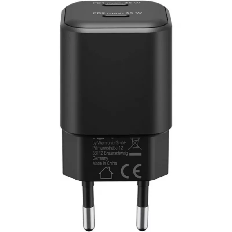 Sienas lādētājs GOOBAY 75333 — universāls iekštelpu AC USB-C lādētājs, 2x USB-C, 35 W, melns