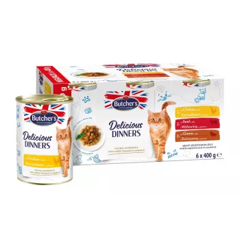 Mitrā kaķu barība butcher's Delicious Dinners Meaty selection in jelly 6×400 g — pieaugušiem kaķiem, bez graudiem, ar vistu, 82% mitruma
