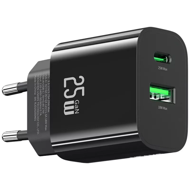 USB lādētājs usams USA001629 25W 1xUSB-C + 1xUSB-A ātra uzlāde
