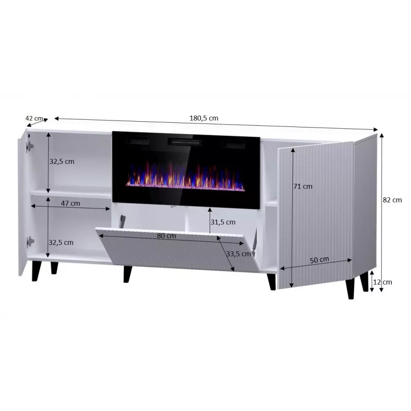 Kumode ar elektrisko kamīnu Cama Meble PAFOS, 180x42x82 cm, balts matēts, 1400–1600 W, bez rokturiem, 3 durvis, 2 plaukti