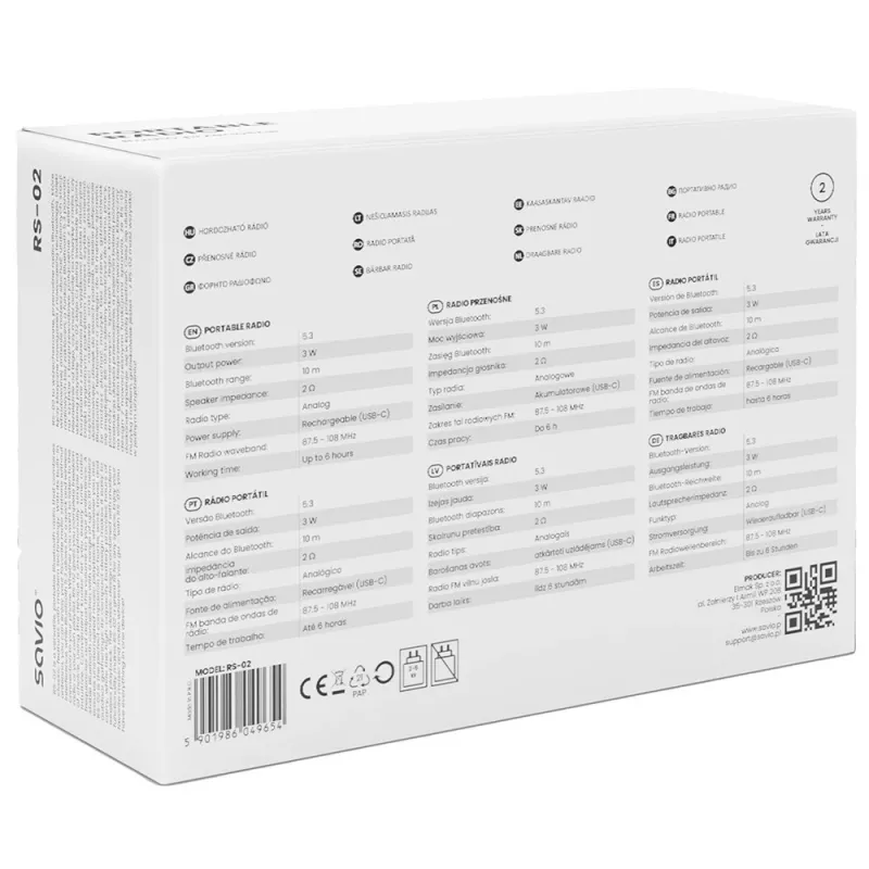 Portatīvais radio SAVIO RS-02 — analogais FM skaņotājs, Bluetooth 5.3, USB barošana, 3 W, balts