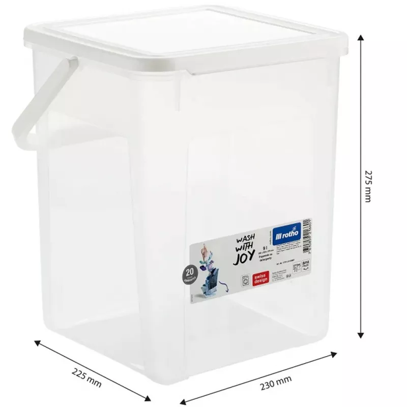 Plastmasas mazgāšanas līdzekļu trauks Rotho Basic 9 L modelis 1770101100RP, balts, vāks, pakarināšanas caurums