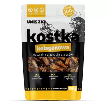 Suņu košļājamā našķe UNISZKI kolagēna kubiņš 100 g — vienas sastāvdaļas vistas gaļa, locītavu atbalsts, treniņu kārums