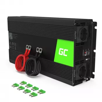 Auto jaudas pārveidotājs zaļa Cell INV22 — 1500 W, 12 V līdzstrāva uz 230 V maiņstrāvu, 50 Hz, LED, aktīvā dzesēšana, melns