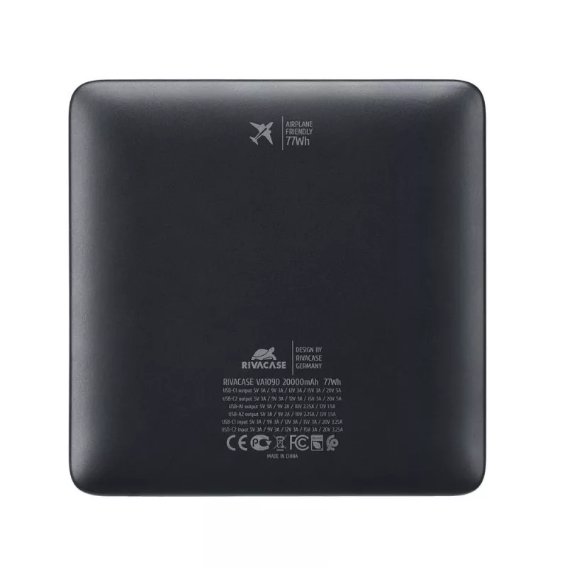 Ārējais akumulators Rivacase VA1090 — 20000 mAh, 77 Wh, kopējā izejas jauda 100 W, 440 g