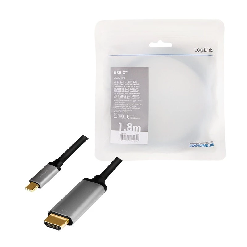 LogiLink CUA0101 USB 3.2 Gen1 Type-C uz HDMI-A kabelis 1,8 m melns pelēks