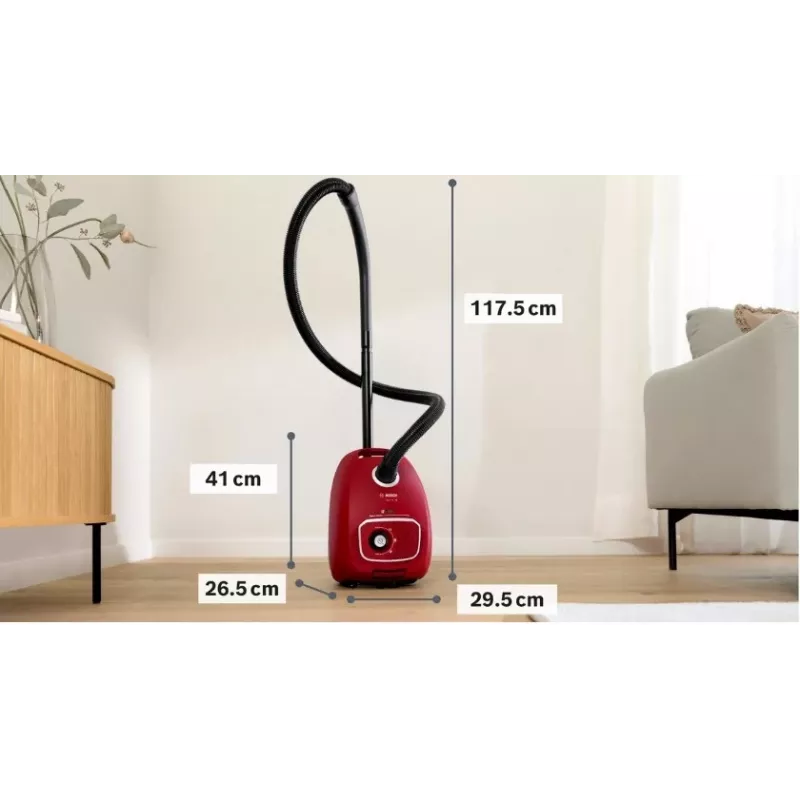 Putekļsūcējs Bosch BGB 41RD3H — 600 W, 4 L putekļu maisiņš, HEPA filtrs, 11 m darba rādiuss, teleskopiskā caurule, sarkans