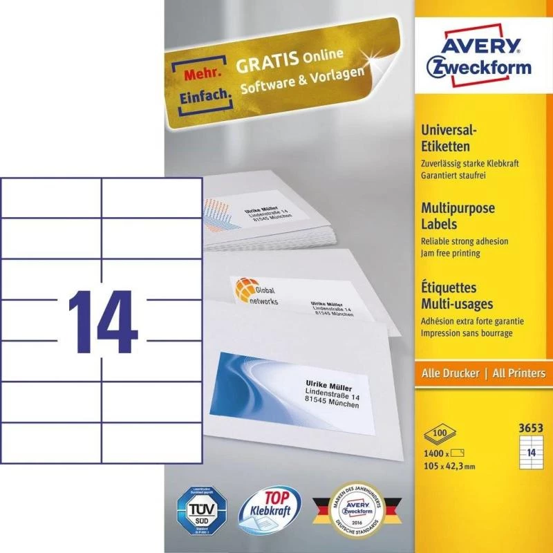 Avery 3653 pašlīmējošas etiķetes Taisnstūris Pastāvīgs Balts 1400 gab.