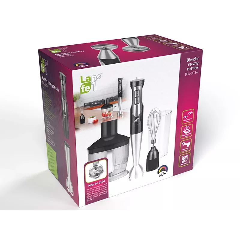 Rokas iegremdējamais blenderis LAFE BRK-003A, 800 W, melns/sudrabains, nerūsējošā tērauda asmens, 0,6 L bļoda, 0,5 L krūze