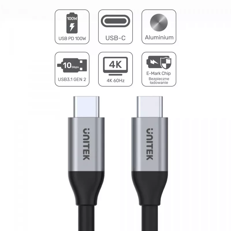 USB C uz C datu un uzlādes kabelis Unitek C14082ABK 1 m, USB 3.2 Gen 2 (10 Gbit/s), 100 W PD, melns