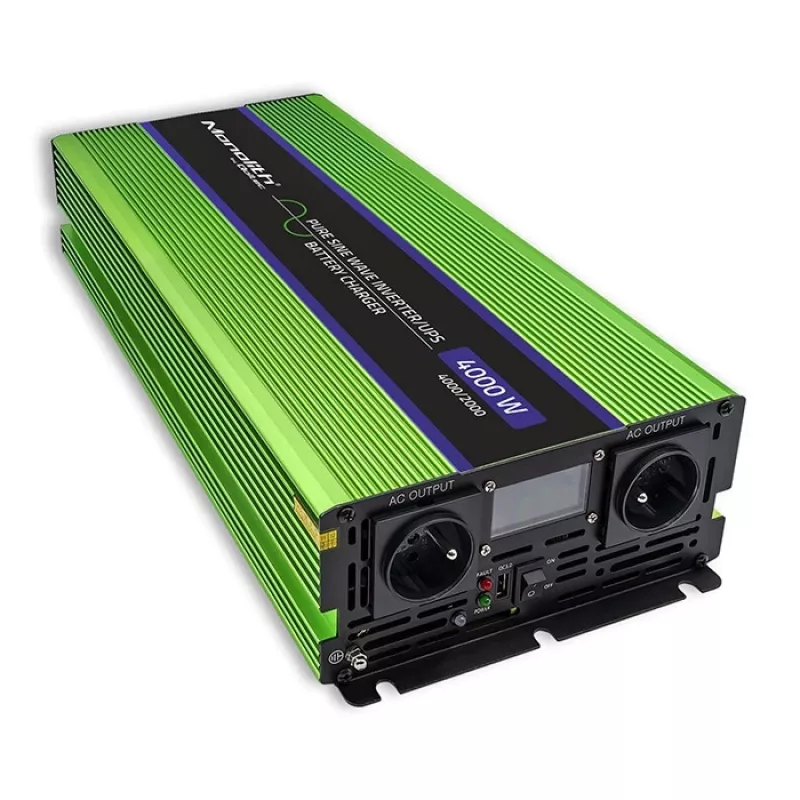 Qoltec Monolith sprieguma pārveidotājs | Akumulatora uzlāde | UPS | 2000W | 4000W | 12V uz 230V | Tīrs sinusoidāls | LCD melns-zaļš