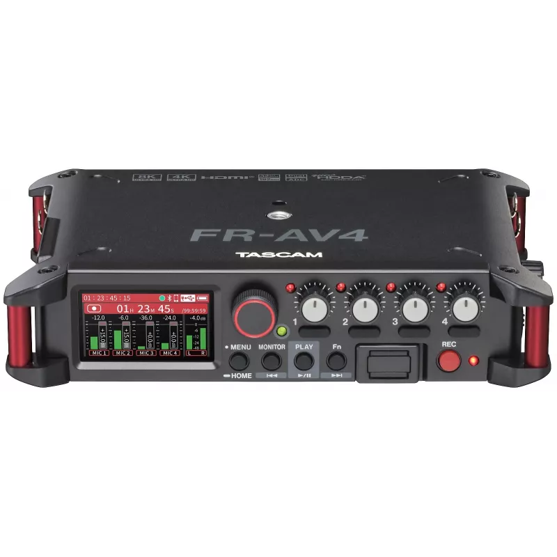 Pārnēsājams audio ierakstītājs Tascam FR-AV4 — 6 kanāli, 4 XLR combo + 2x 3,5 mm, 24/32 biti, 48/96/192 kHz, MicroSD līdz 512 GB, USB-C, PD