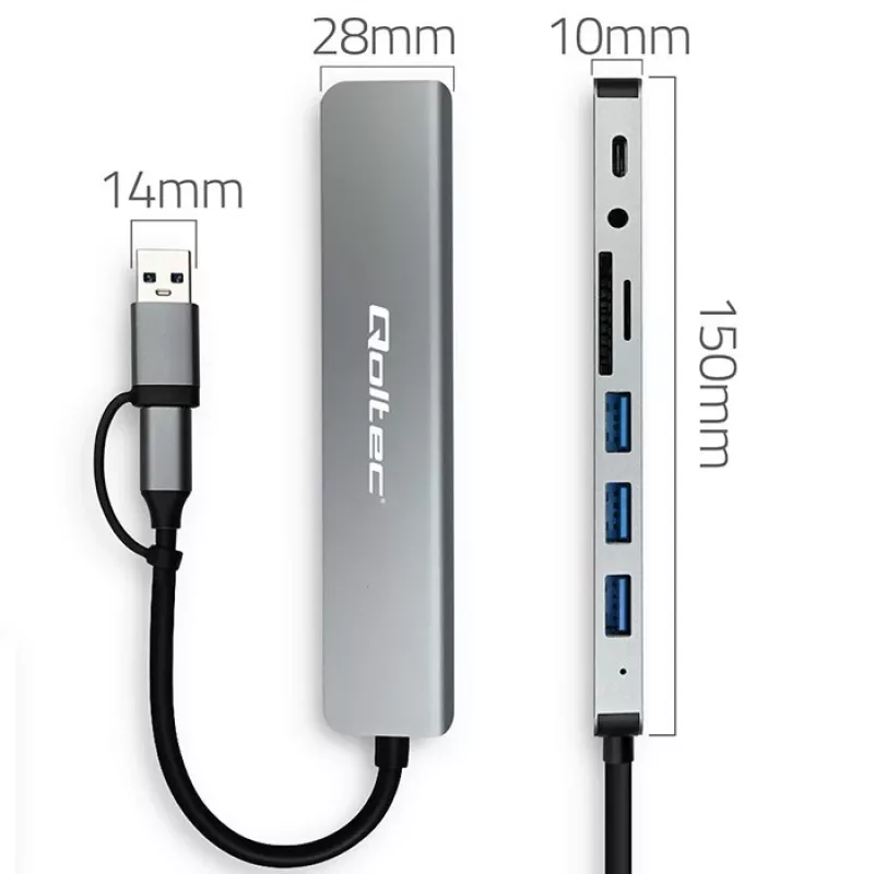 QOLTEC USB-C centrmezgls 4x USB + SD/TF karšu lasītājs, modelis 53794