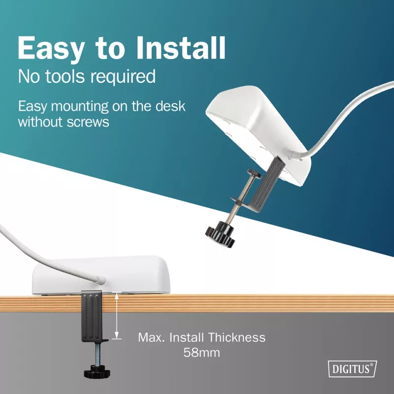 Strāvas sadalītājs DIGITUS 3-vietīgs ar 2×USB-A un 1×USB-C, 3 maiņstrāvas rozetes tips E/F, 1,5 m kabelis, balts