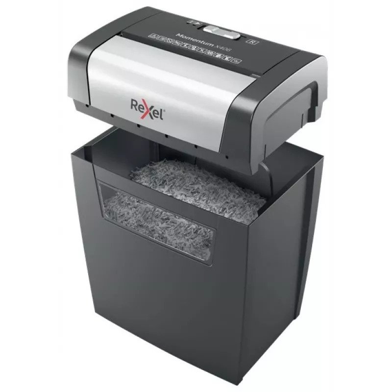 Rexel Momentum X406 krusteniskās griešanas papīra smalcinātājs P4, daļiņu griešana, 4 x 28 mm, 15 L, 125 loksnes, 70 dB, pogas