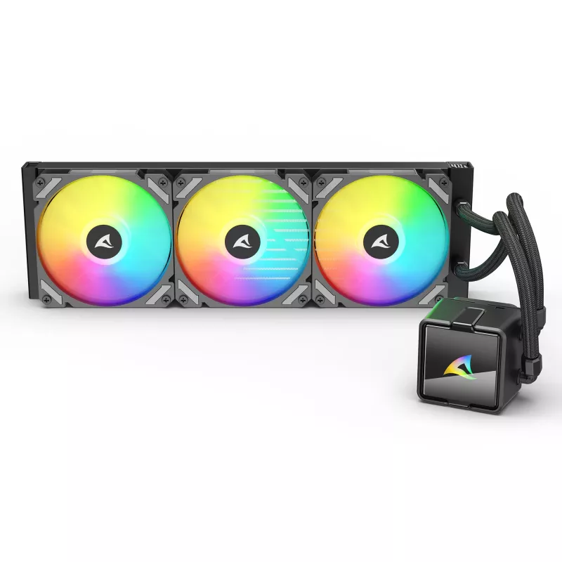 Universāls šķidruma CPU dzesētājs Sharkoon S60 ARGB — 360 mm radiators, 3×120 mm PWM ventilatori, melns