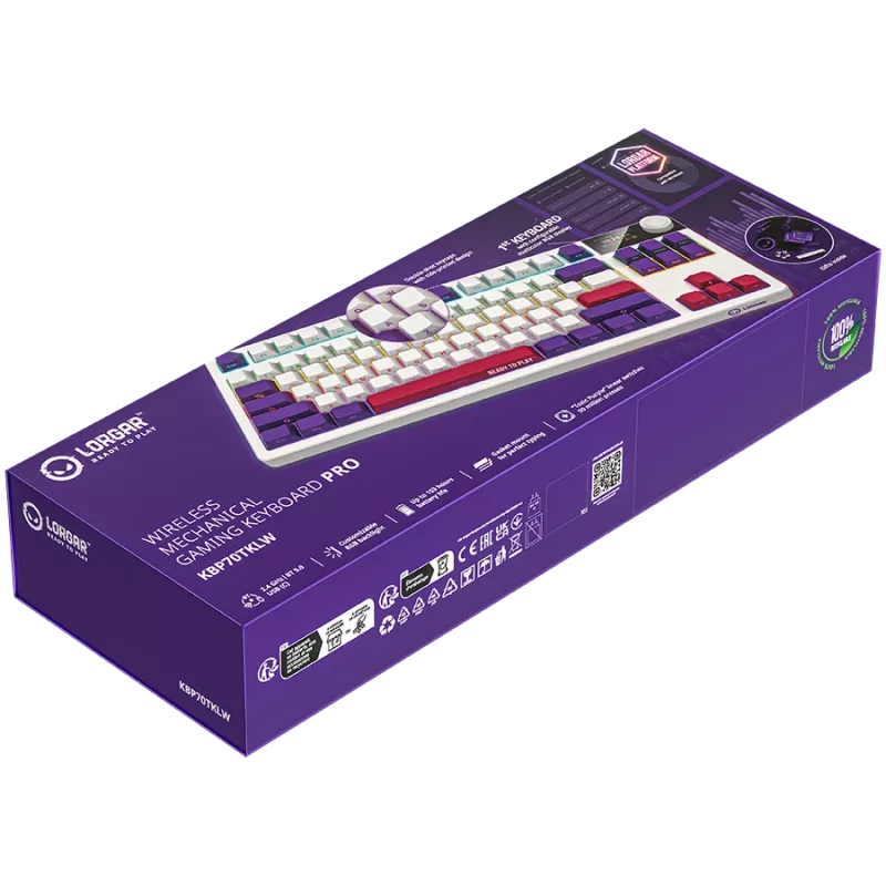 LORGAR KBP70TKLW, bezvadu TKL mehāniskā spēļu tastatūra Pro, balta, EN izkārtojums