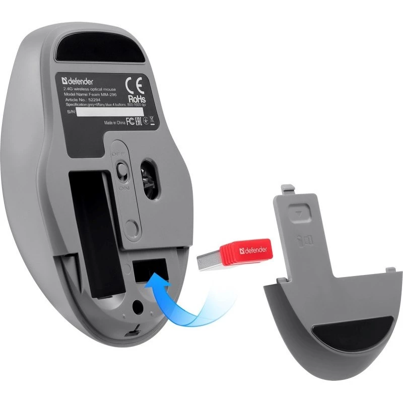 Bezvadu pele DEFENDER Silent Click C Mint 52294 — piemērota abām rokām, 1600 DPI, 2,4 GHz nano USB