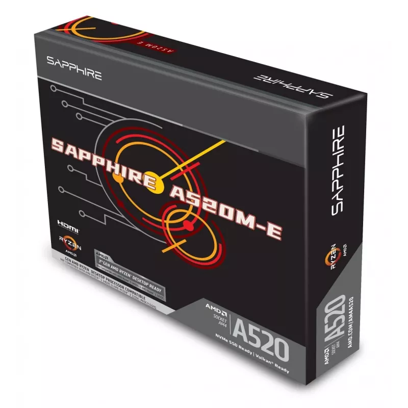 Micro ATX mātesplate Sapphire A520M-E ligzdai Socket AM4, AMD A520 mikroshēmojums, 2x DDR4 DIMM, max 64 GB, PCIe 3.0 x16/x1, SATA III, Gigabit LAN