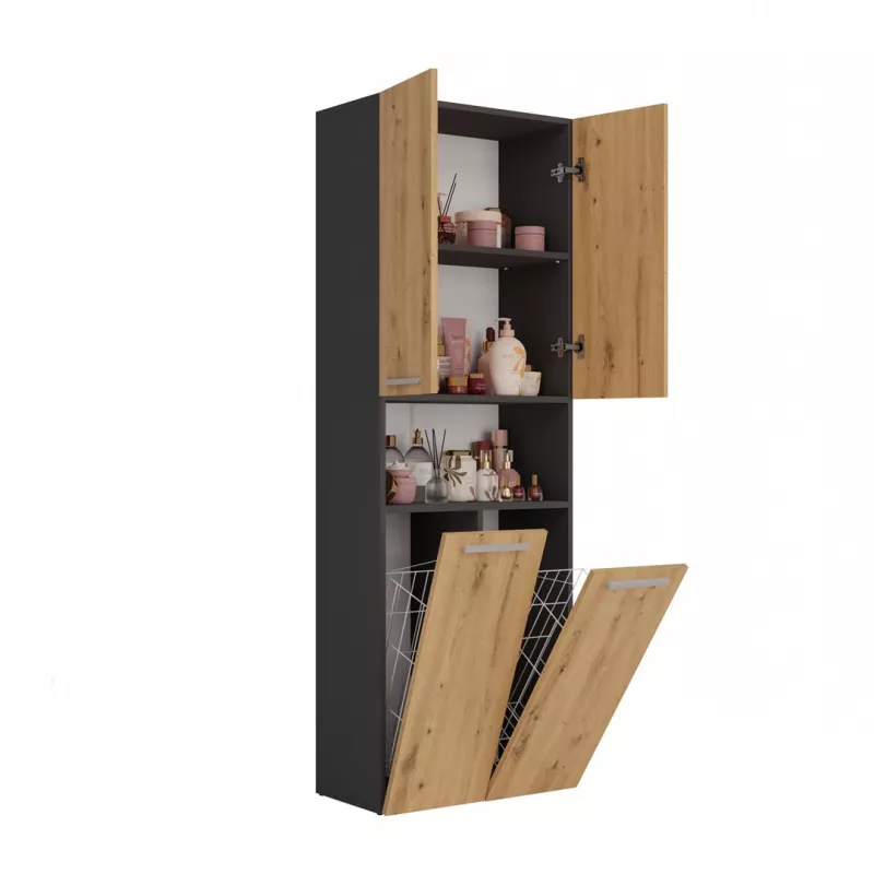 Vannas istabas uzglabāšanas skapis Top e Shop NEL 2K DK ANT/ART KP — Grafīts/Ozols, brīvi stāvošs, 600×300×1740 mm, 3 plaukti