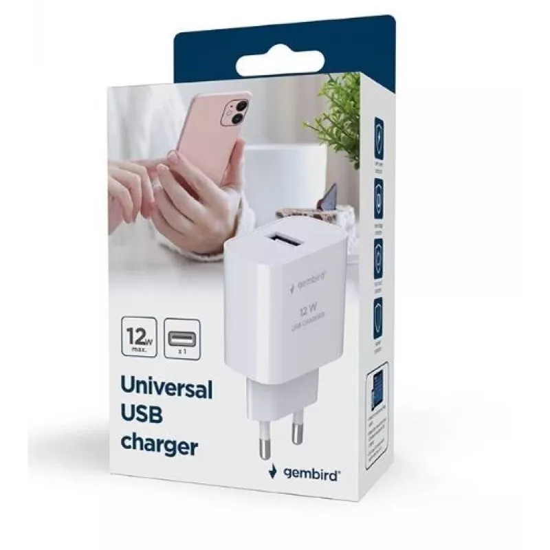 Mobilo ierīču lādētājs GEMBIRD TA-UC-1A12-01 5V 2.4A 12W USB PD, 1 ports, Balts