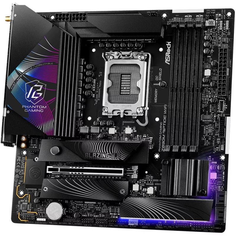 Mātesplate ASRock Phantom Gaming Z890M Riptide WiFi — Intel Z890, LGA1851, microATX, DDR5, 4x DIMM, 256GB, Wi‑Fi 6E, 2.5Gb LAN