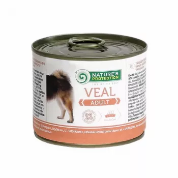 Mitrā suņu barība nature’s protection Adult Teļa gaļa 200 g — pilnvērtīga konservēta diēta pieaugušiem suņiem, olbaltumvielas 10,6%, tauki 6,9%, mitrums 75%